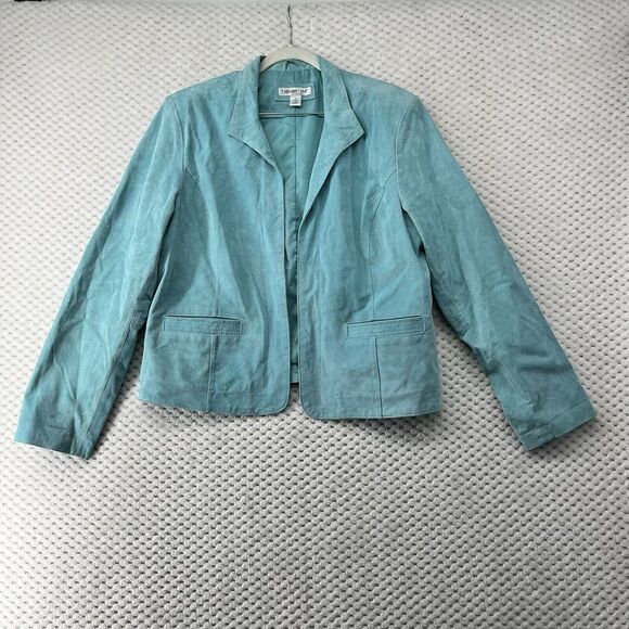 Coldwater Creek Suede Blazer Jacket Pockets Aqua Blue‎ Career Size L - Picture 1 of 9